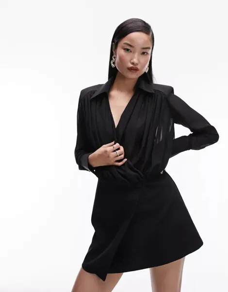 Черное прозрачное платье-рубашка с запахом Topshop