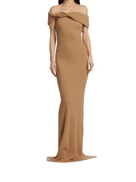 Платье в рубчик с открытыми плечами Brandon Maxwell, цвет Camel