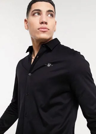 Черная хлопковая рубашка на пуговицах с длинными рукавами SikSilk-Черный цвет