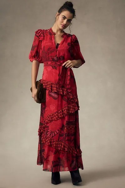 Платье миди Farm Rio с оборками и короткими рукавами, красный