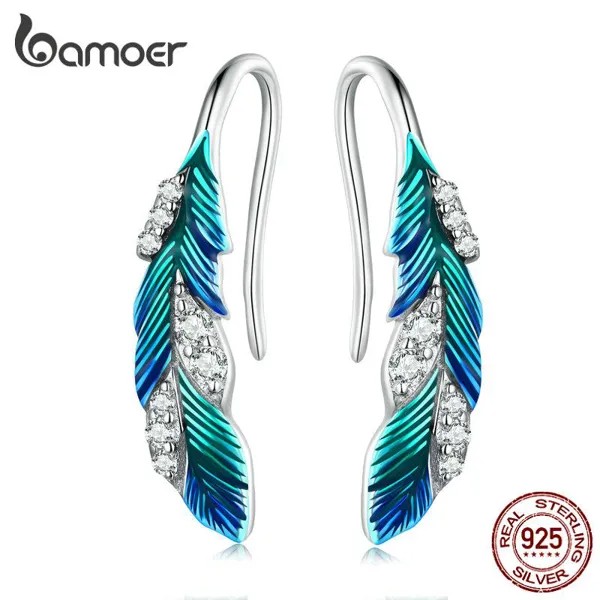 BAMOER 925 стерлингового серебра синие перья серьги Pave Setting CZ для женщин Подарок на день рождения Шикарный Ослепительный Тонкий Еврей