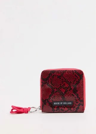 Красный кошелек со змеиным принтом и контрастной молнией с розовым бегунком House of Holland