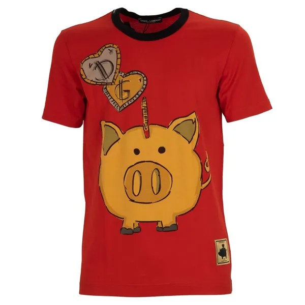 DOLCE - GABBANA Хлопковая футболка Money Box Pig с нашивкой-логотипом Красное золото 12559
