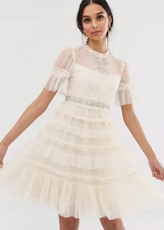 Кремовое декорированное платье миди с бантиком Needle & Thread bridal-Белый