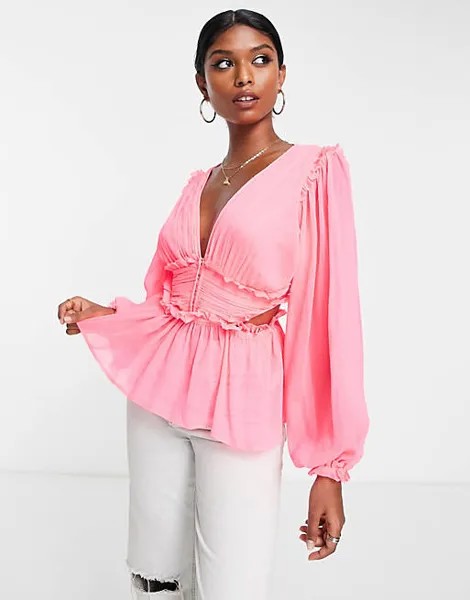 Неоново-розовая прозрачная блузка со складками на талии и вырезом на спине ASOS DESIGN