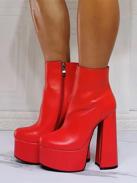 Milanoo Women Booties Geometric Round Toe Chunky Heel PU Leather Red Ankle Boots