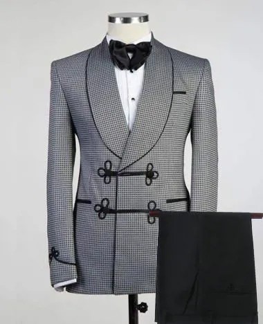 Куртка для курения «гусиная лапка», двубортный мужской костюм на китайской пуговице, официальные смокинги, блейзер для ужина, выпускного вечера, 2 предмета (пиджак + брюки)