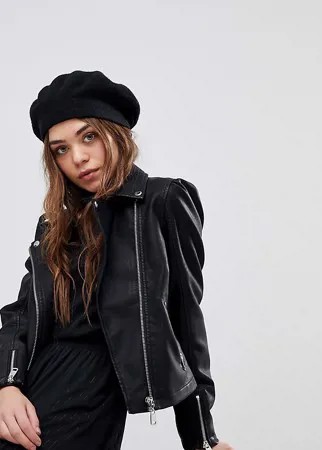 Куртка из искусственной кожи с пышными рукавами New Look-Черный