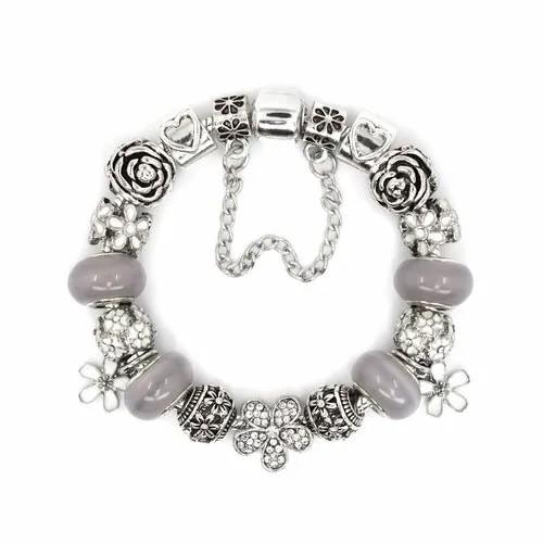 Браслет-цепочка Handinsilver ( Посеребриручку ) Браслет с шармами на основе из бижутерной стали, стразы, стекло, муранское стекло, 1 шт., размер 18 см, серый