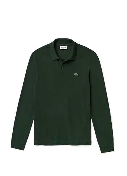 Темно-зеленая мужская футболка-поло приталенного кроя с длинным рукавом Lacoste