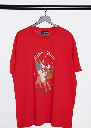 Oversized-футболка с винтажным новогодним принтом New Girl Order Curve-Красный