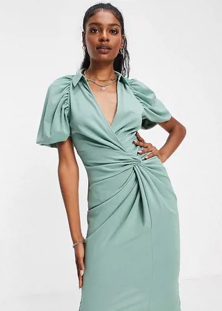 Шалфейно-зеленое платье-рубашка миди с декоративным узлом и запахом ASOS DESIGN Tall-Зеленый цвет