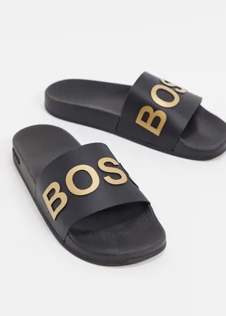 Черно-золотистые шлепанцы BOSS-Черный