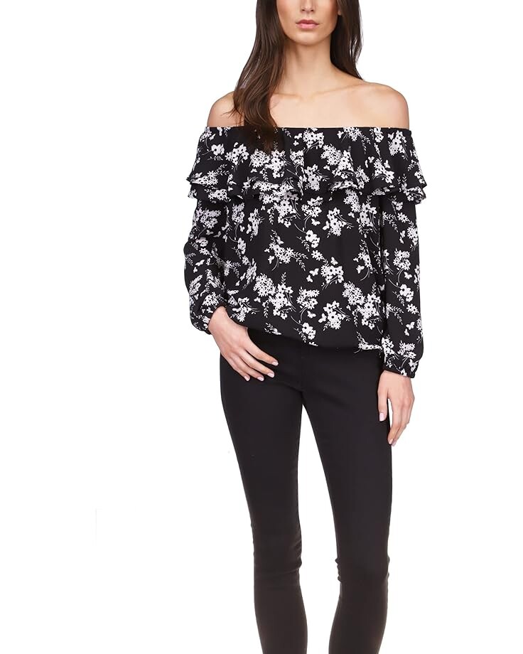 Топ MICHAEL Michael Kors Botanical Short Sleeve Ruffle, цвет Black/White