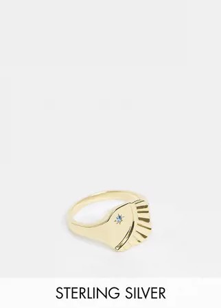 Позолоченное кольцо-печатка из стерлингового серебра с гравировкой в виде луны и синим камнем Serge DeNimes-Золотистый