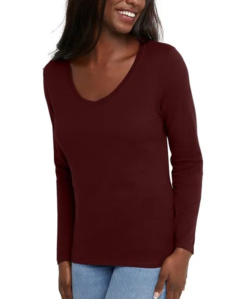 Женский легкий топ с v-образным вырезом и длинными рукавами Hanes, красный