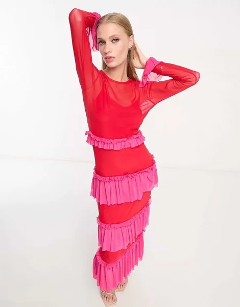 Платье миди с сетчатой ​​оборкой Never Fully Dressed контрастного розового и красного цветов