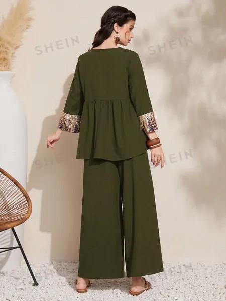 Топ с блестящими кисточками Shein Mulvari и широкие брюки, зеленый