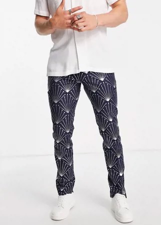 Темно-синие брюки с фольгированным геометрическим узором серебристого цвета Twisted Tailor-Темно-синий