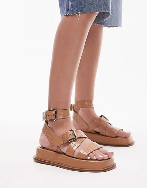 Светло-коричневые кожаные массивные сандалии на плоской подошве с пряжкой Topshop Jax