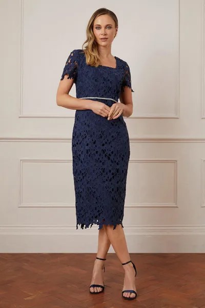 Платье миди с кружевным декором на талии и короткими рукавами Wallis, темно-синий