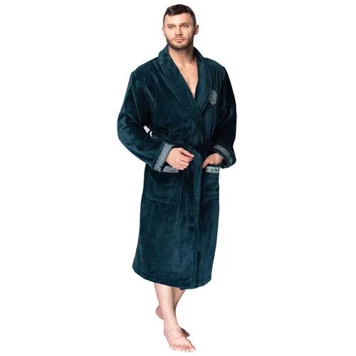 Халат мужской велюровый Gianni, воротник шалька, вышивка (морская волна) (4XL)