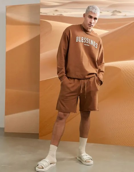 Коричневые шорты для дома и лонгслив с надписью ASOS DESIGN-Коричневый