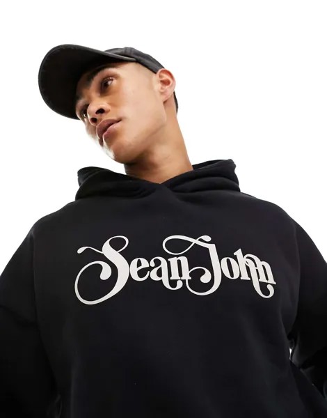 Черный пуловер в стиле ретро с логотипом Sean John