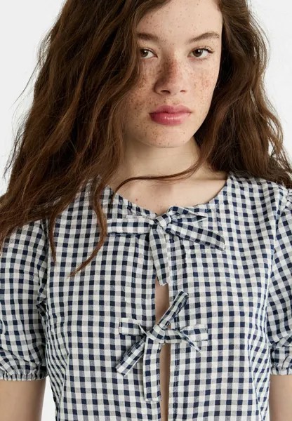Блузка Round Neck Featuring Short Puff Sleeves With Elasticated Trims Stradivarius, темно-синяя