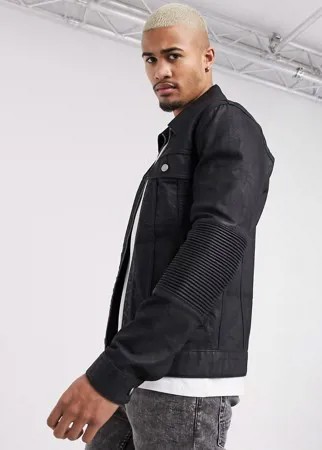 Черная джинсовая куртка со вставками в байкерском стиле ASOS DESIGN-Черный цвет