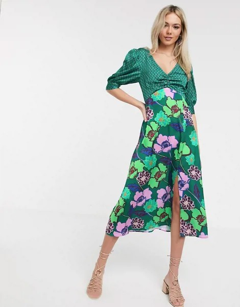 Зеленое атласное платье миди с цветочным принтом Liquorish-Зеленый