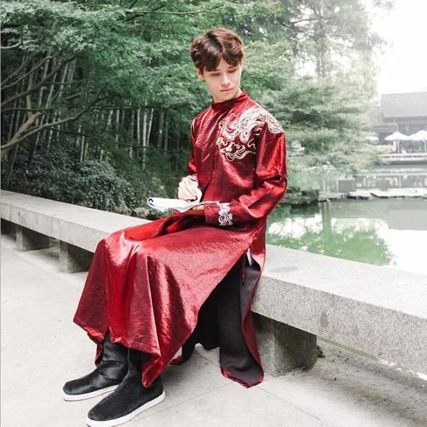 4 сезона, китайский классический мужской халат с вышивкой и круглым вырезом + кожаный ремень, chivalrous стиль, Королевская гвардия, красный, Повс...
