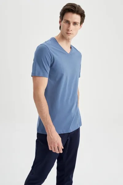 Базовая футболка из 100 % хлопка приталенного кроя с v-образным вырезом DeFacto, темно-синий