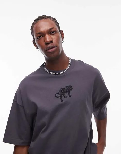 Topman – Графитовая футболка премиум-класса Extreme oversize с вышивкой леопарда спереди и сзади