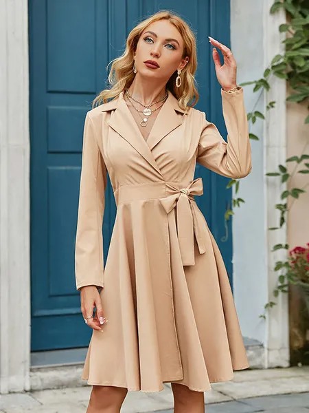 Milanoo Knitted Dress For Women Elegant Lace up Polyester Long Sleeves Stretch V-Neck