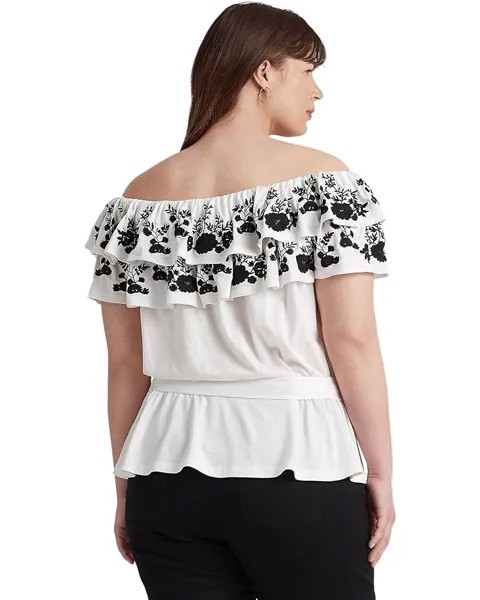 Топ LAUREN Ralph Lauren Plus Size Embroidered Jersey Off-the-Shoulder Top, цвет White/Black