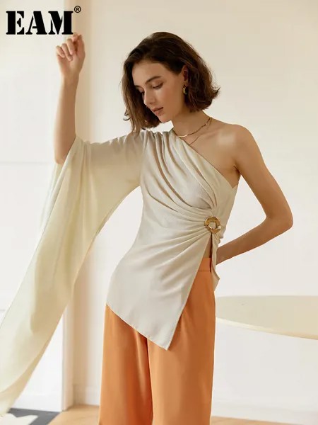 [EAM] Женская абрикосовая плиссированная Асимметричная блузка с ассиметричным воротником, модная рубашка с длинными рукавами, весна-лето 2022 ...