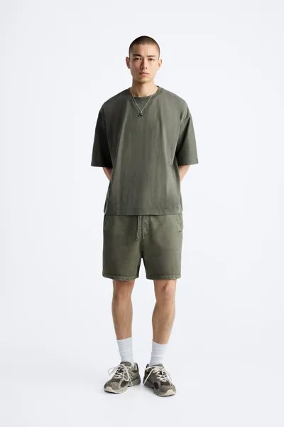 Базовые шорты-бермуды ZARA, мытый зеленый