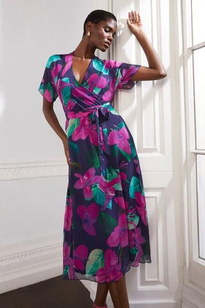 Платье миди из шелкового микса с цветочным принтом и запахом Wallis, фиолетовый