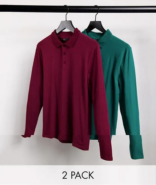 2 обтягивающих поло из органического хлопка с длинными рукавами ASOS DESIGN​​​​​​​-Многоцветный