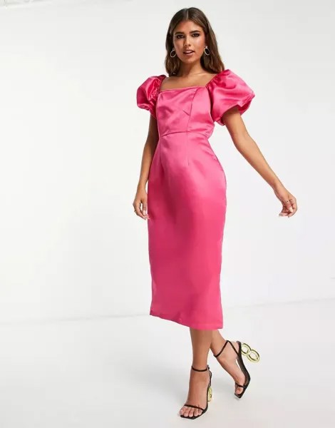 Розовое платье-карандаш миди с пышными рукавами In The Style x Terrie Mcevoy