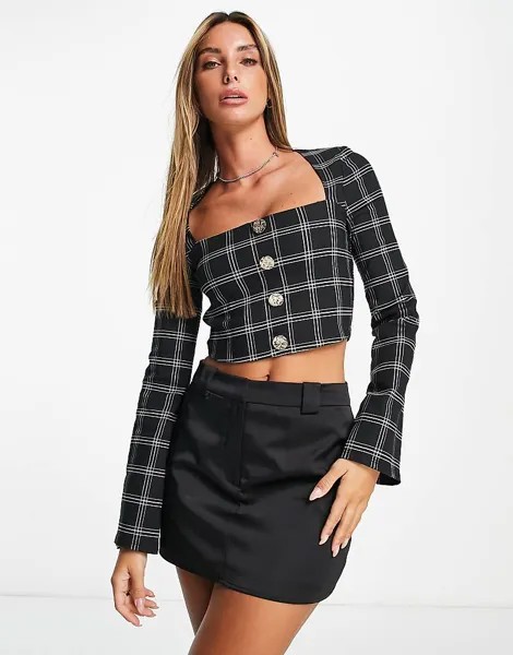 Темно-синий укороченный топ на пуговицах в клетку River Island