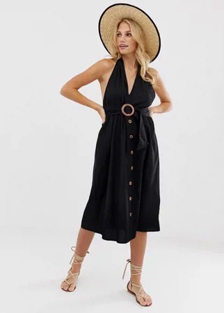 Сарафан миди на пуговицах с халтером и пряжкой ASOS DESIGN-Черный