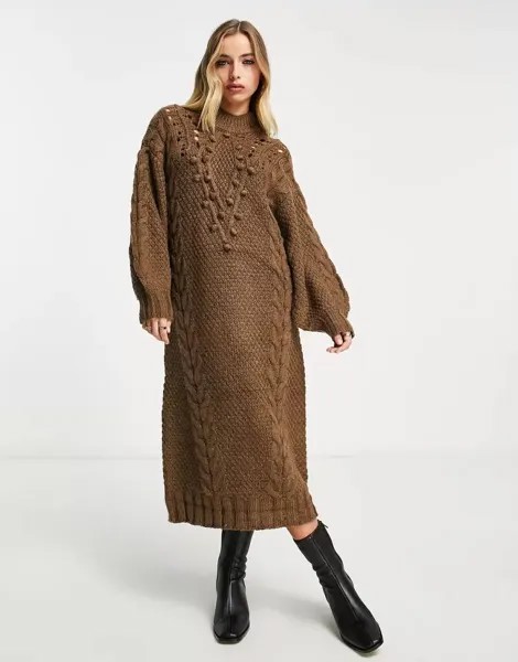 Коричневое платье-свитер крупной вязки Object с водолазкой