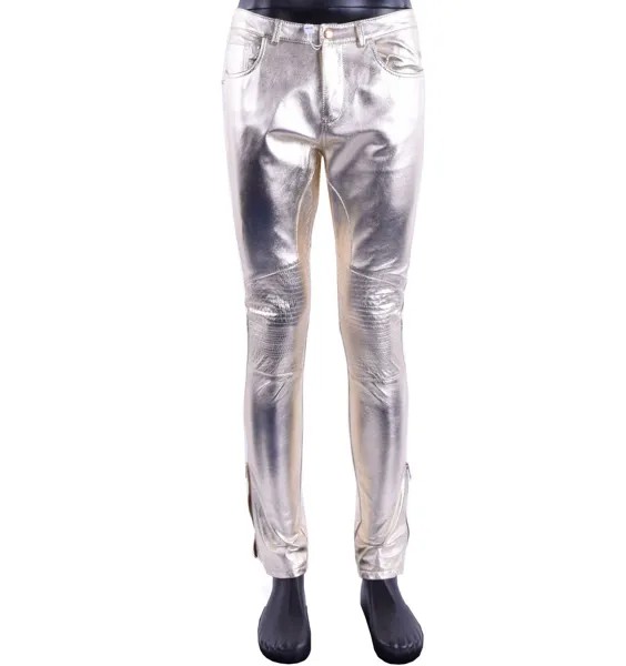 MOSCHINO RUNWAY Блестящие облегающие брюки из байкерской кожи наппа, брюки золотого цвета 05409