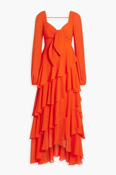 Асимметричное платье из крепа с рюшами Badgley Mischka, ярко оранжевый
