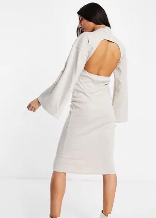 Бежевое платье миди в рубчик с рукавами «летучая мышь» из ткани с начесом ASOS DESIGN Tall-Белый