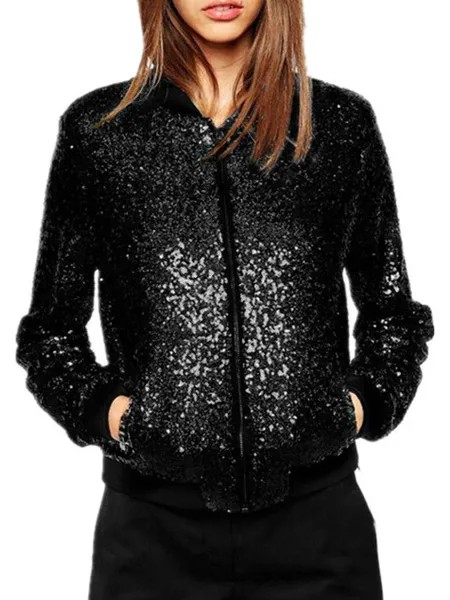 Milanoo Women Bomber Jackets Sequins Notched Neckline Long Sleeve Black Winter Jacket