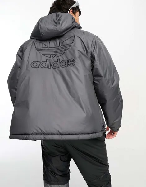 Черно-серая двусторонняя куртка-пуховик с 3 полосками adidas Originals