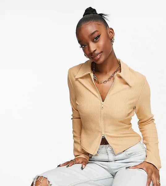 Бежевый лонгслив с воротником и двойной молнией Missguided-Светло-бежевый цвет